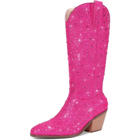⚡Women's Pink Ankle Boots Western Booties Rhinestone Chunky Heel Fashion - Picture 1 of 6